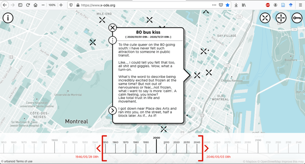 a text box on top of a map. the text tells the story of an encounter on a bus.